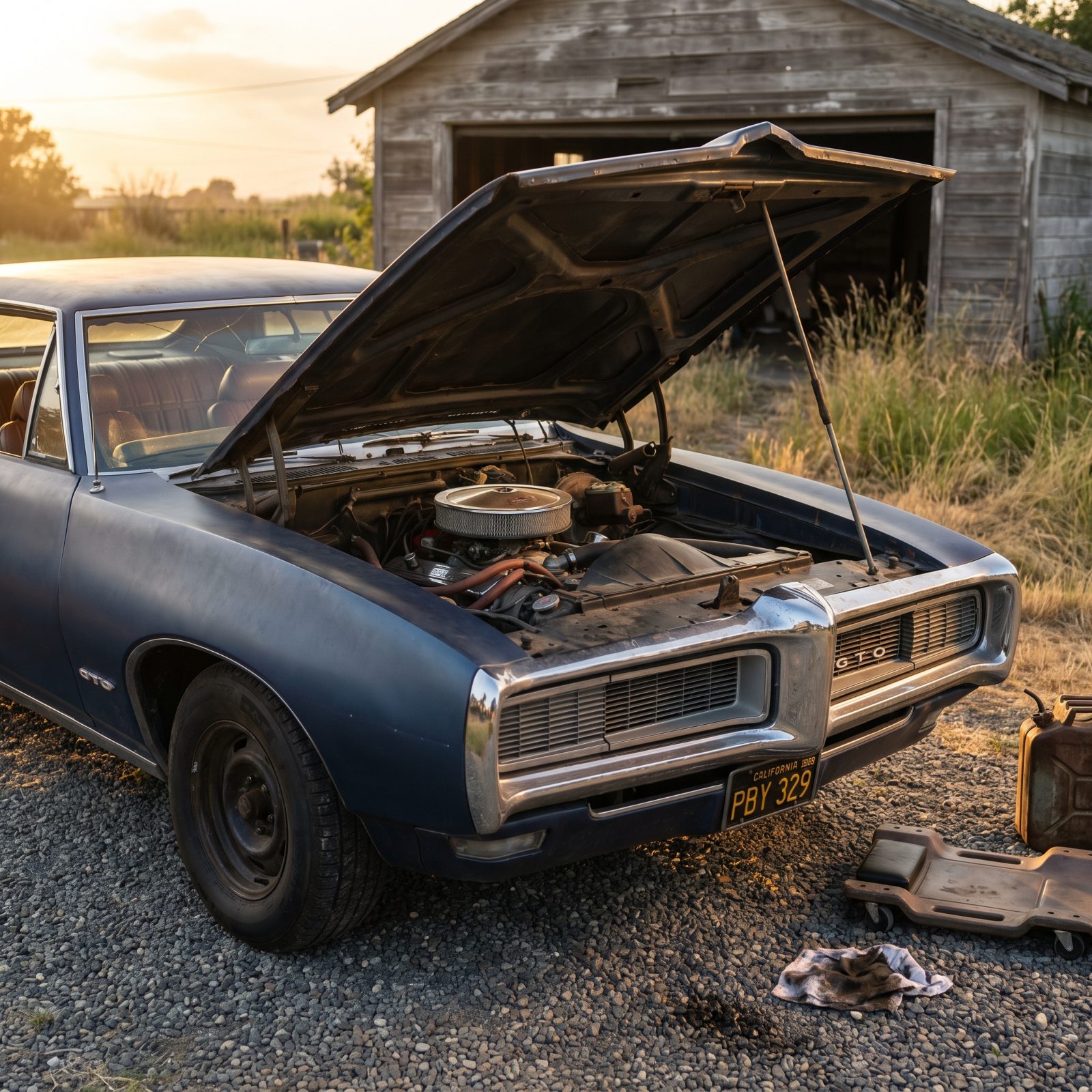 Older 1960s muscle coupe with a propped hood showing a large V8 engine, parked in a gravel driveway beside a metal gas can.