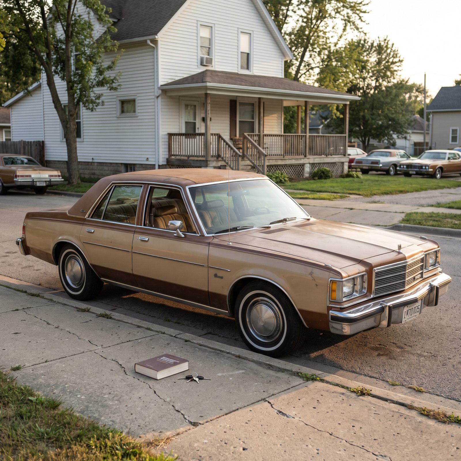 Two-tone brown 1970s sedan parked at the curb of a residential street with a textbook and keys on the sidewalk.