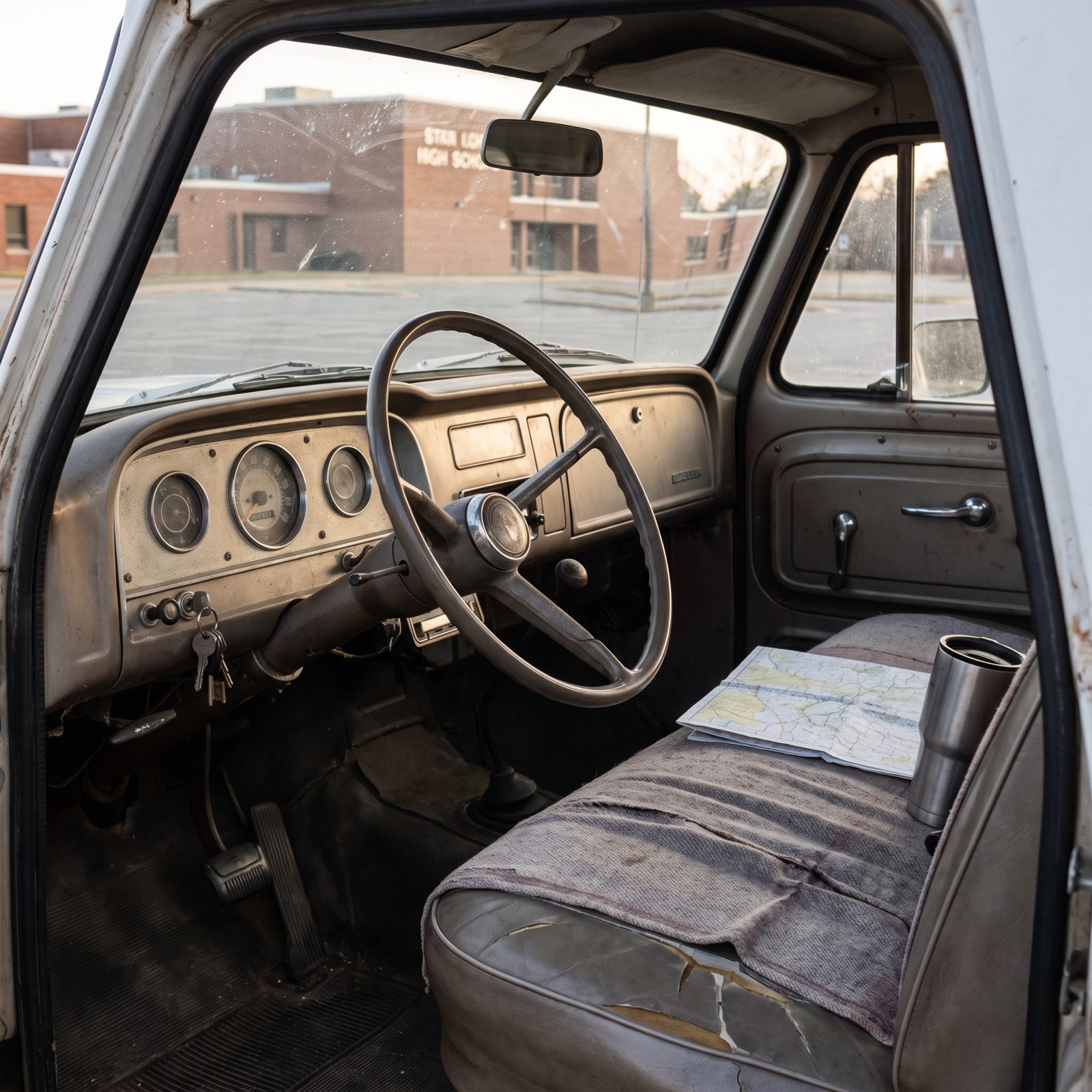 Pickup truck cab interior with a cracked vinyl bench seat, column shifter, keys in the ignition, and a folded map on the