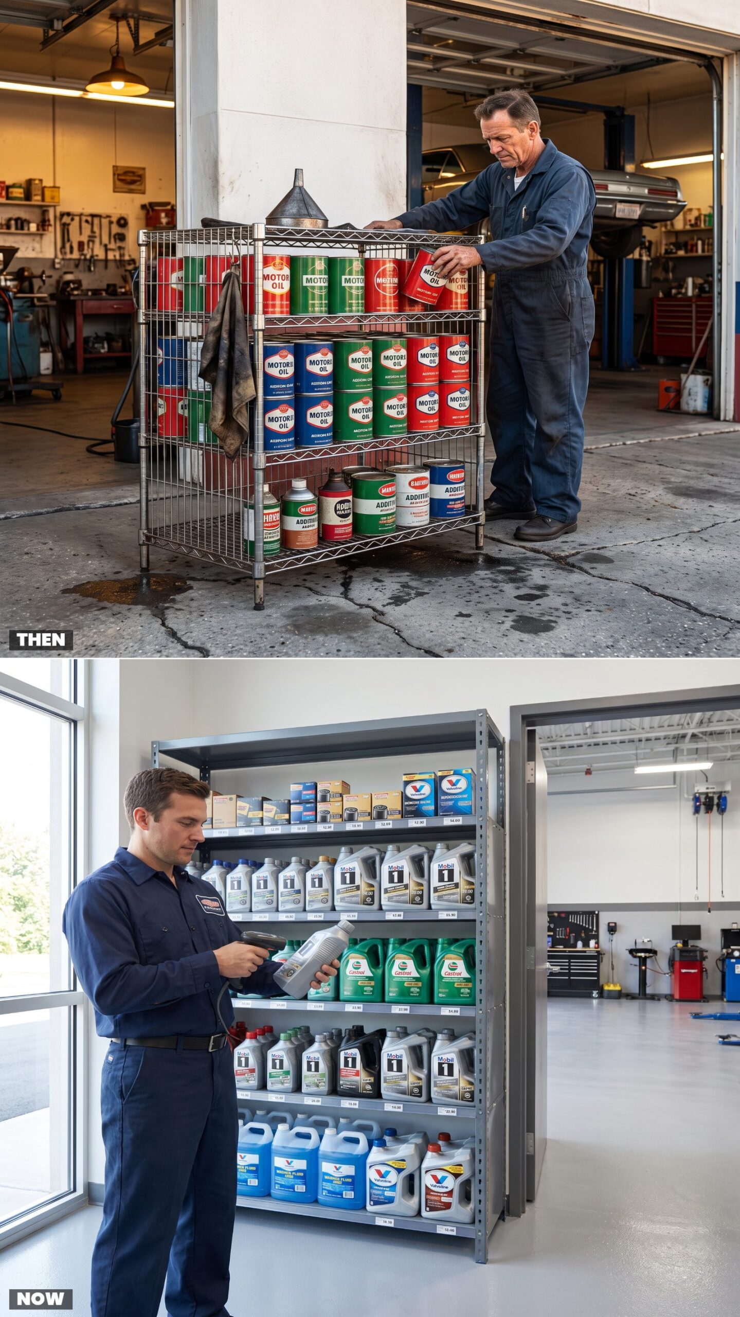 Wire Motor-Oil Racks vs. Organized Automotive-Supply Shelves