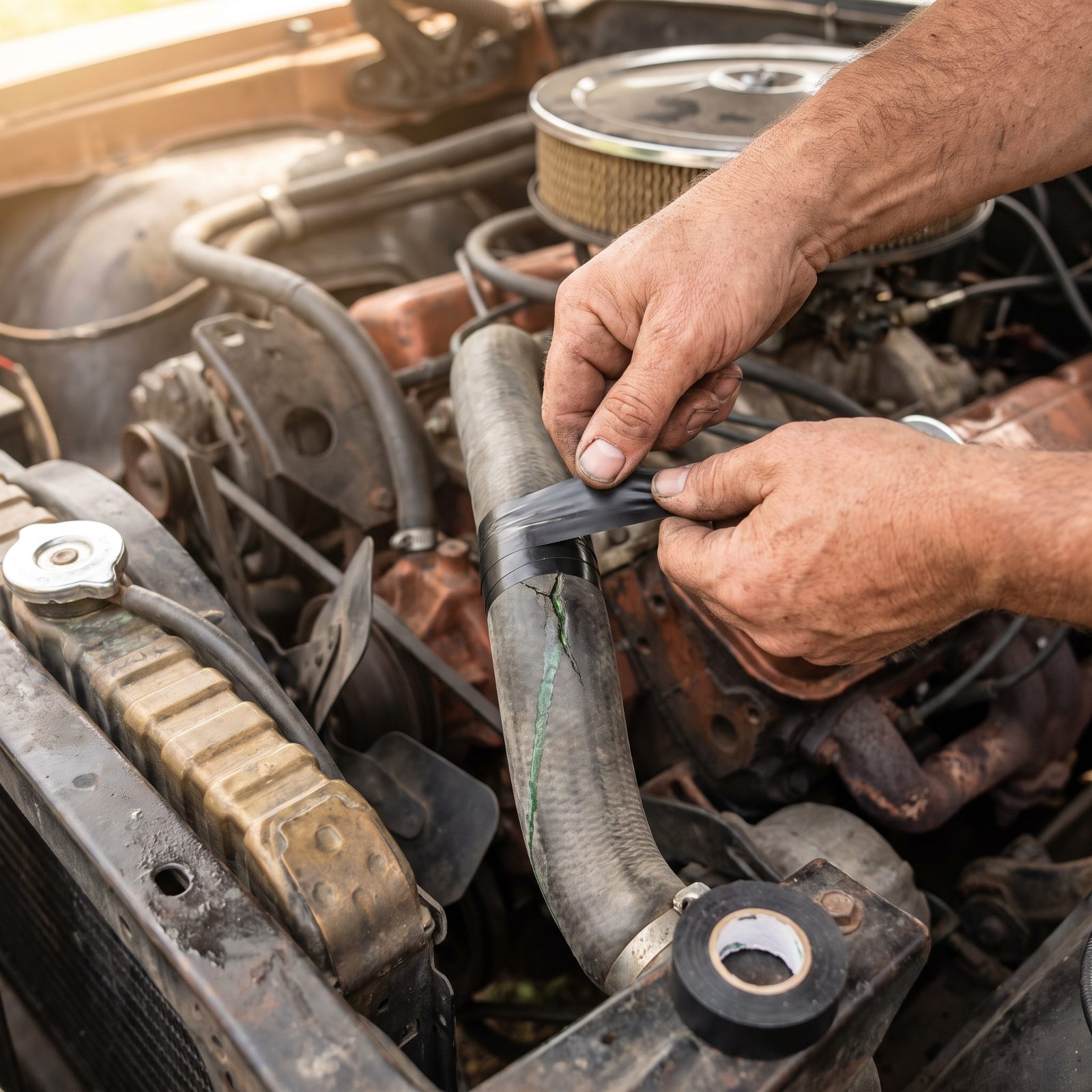 Wrapping a Weeping Radiator Hose in Electrical Tape