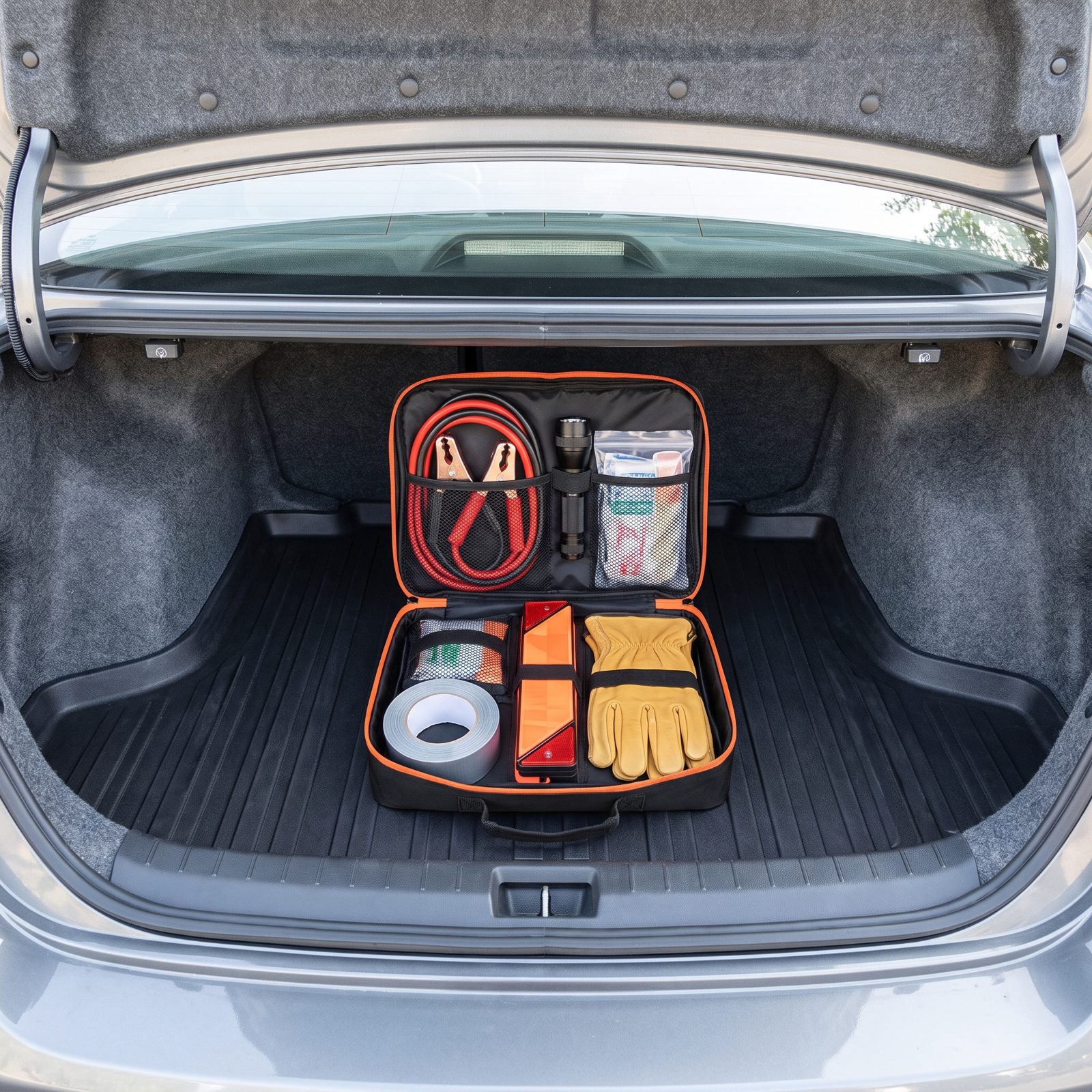 A Zipped Trunk Bag With Real Emergency Gear Inside